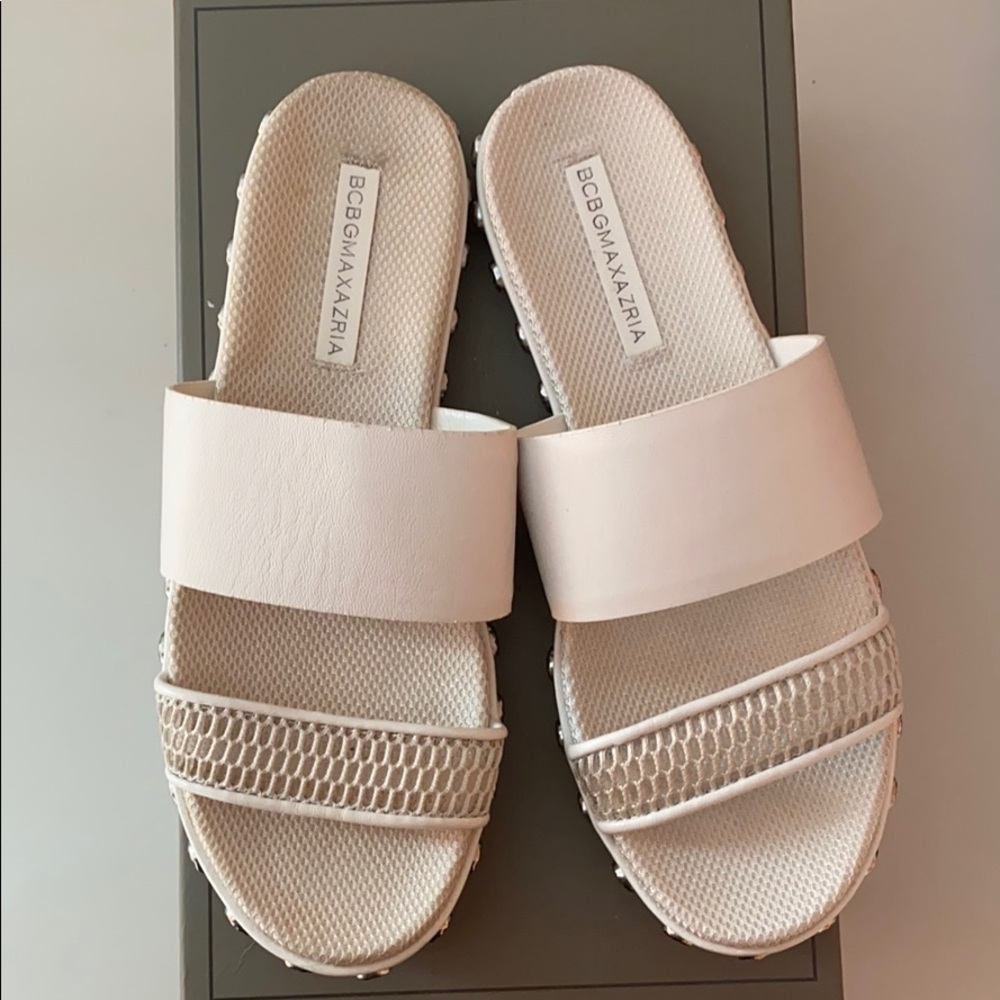 BCBGMAXAZIRA, white revet sandals. NWT